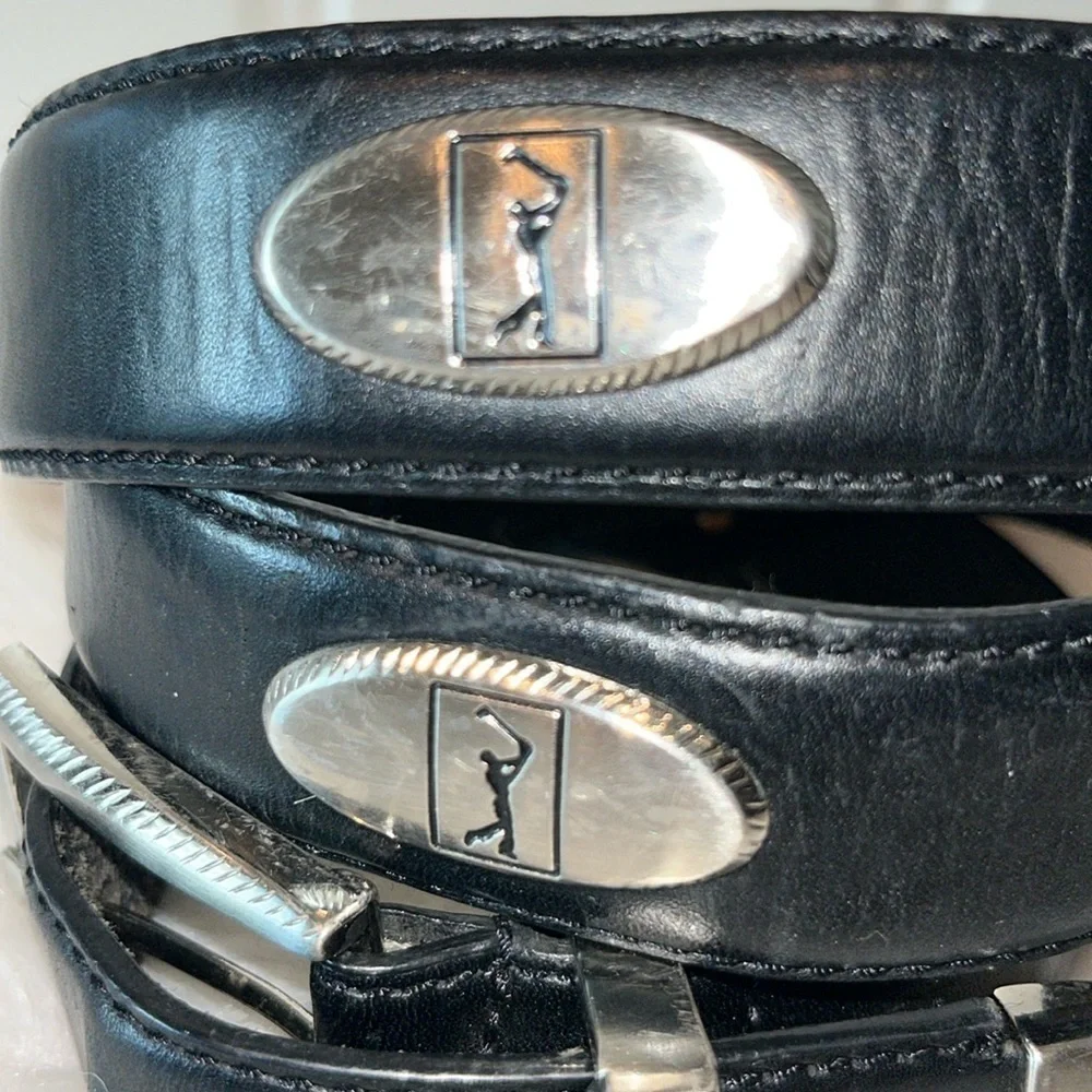 Black leather belt with silver tone golfer/golf conchos and metal tip est men XL